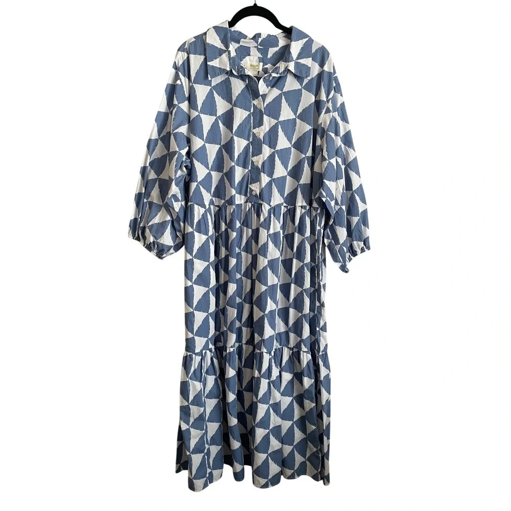 Maeve Anthropologie Bettina Tiered Shirtdress Blue White Geometric Maxi 2X Artsy - Picture 3 of 8